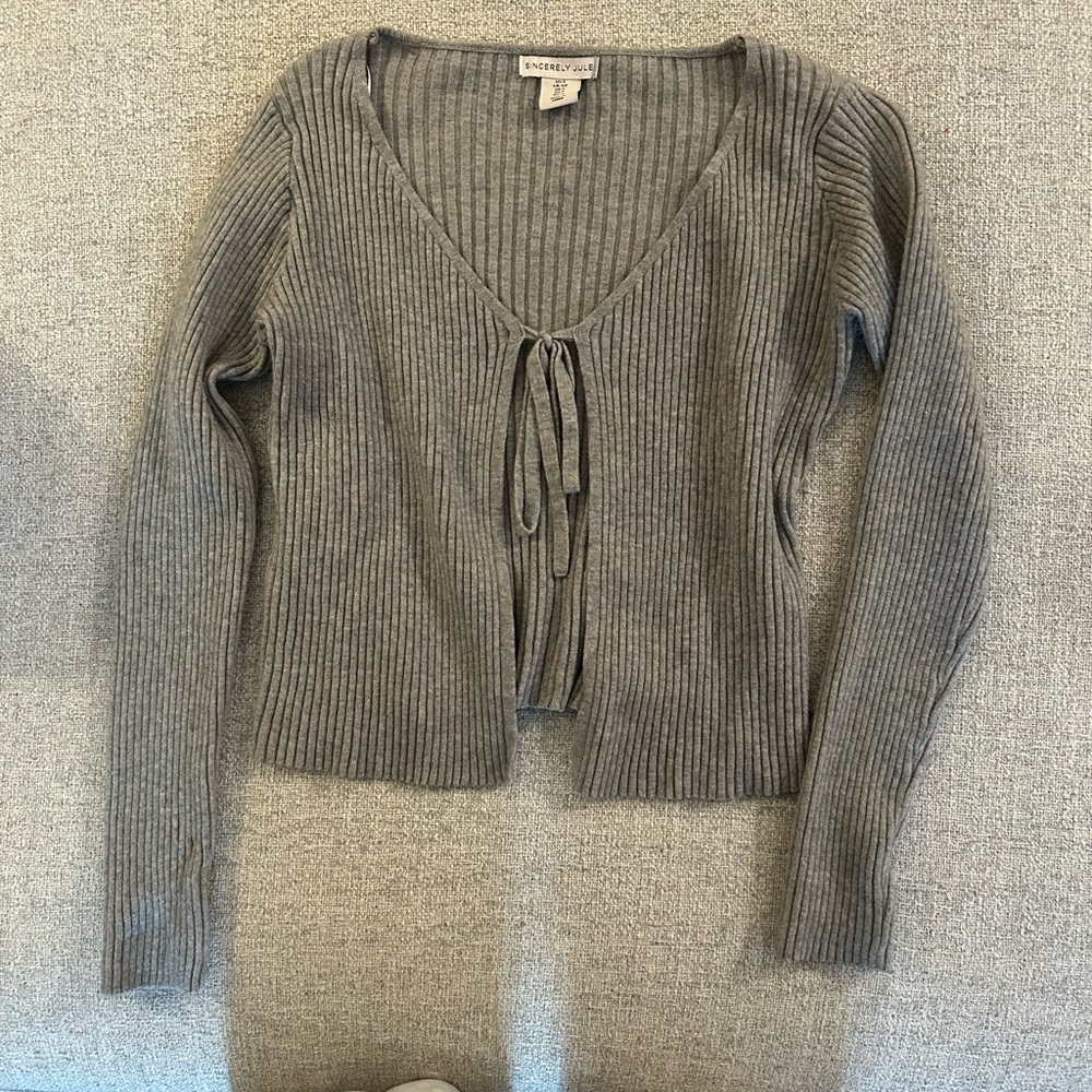 Sincerly Jules Gray Ribbed Tie-Front V-Neck Cardigan